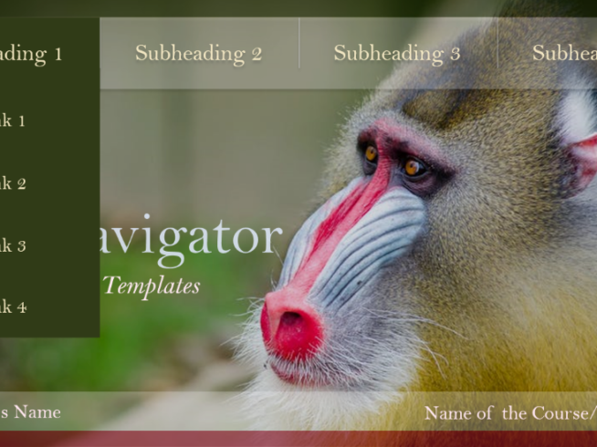 Interactive drop down menu PowerPoint template with a picture of a monkey on it